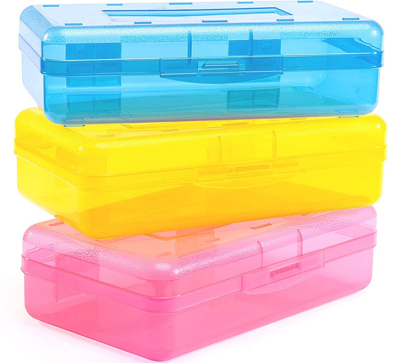 Sooez 3 Pack Pencil Case, Large Hard Pencil Box Bulk, Clear Crayon Box Marker Pen Organizer, Plastic Storage Container with Snap Lid, Art Craft Organizer Back to School Supplies, Colorful - Image 1
